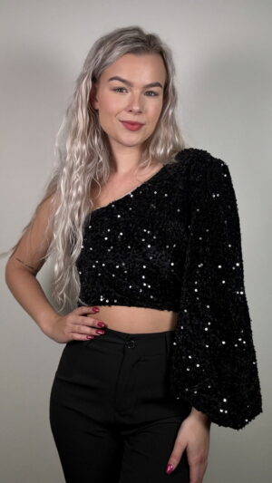 img_6477 One shoulder top met glitter - Zwart