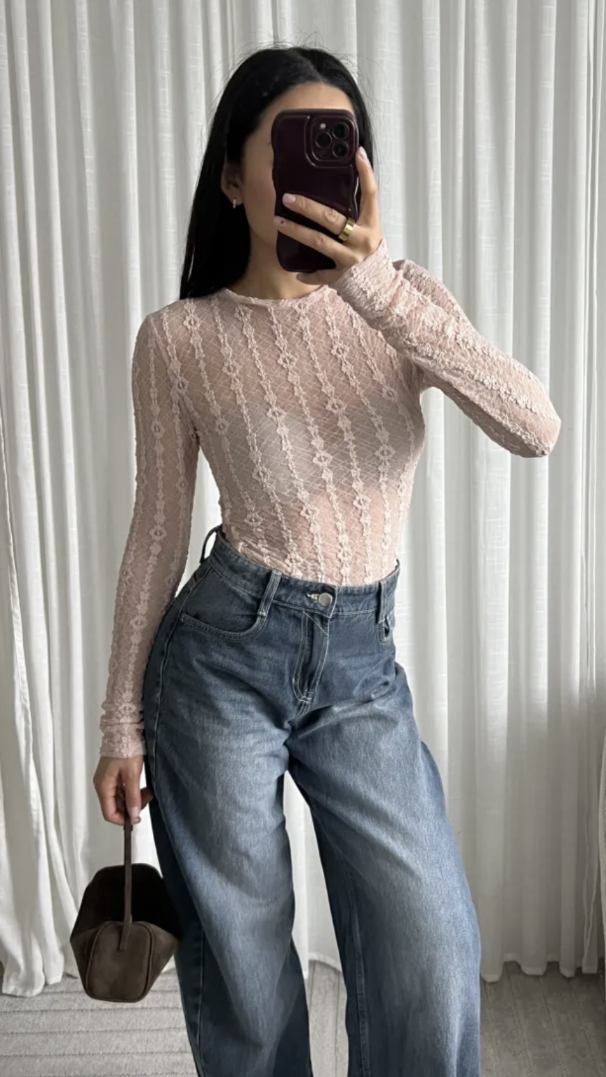 Roze kanten top met lange mouwen