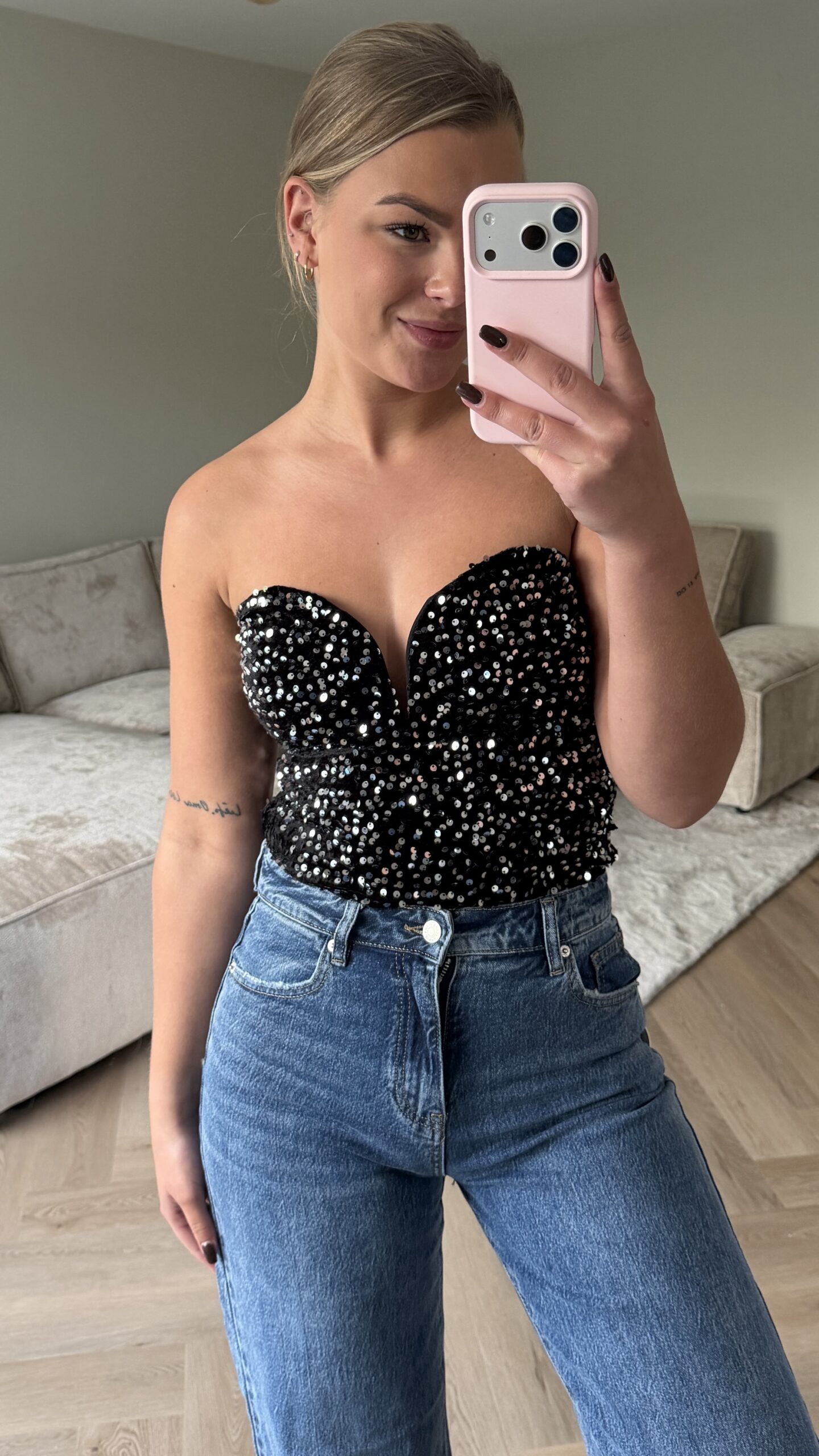 Zwarte glitter top strapless zilver